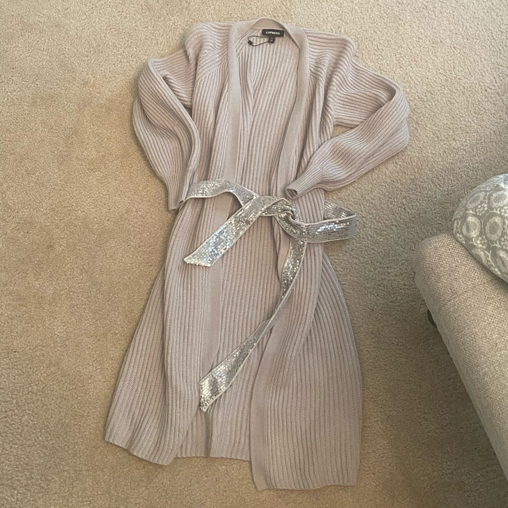 Light gray cardigan with sequin belt NWT